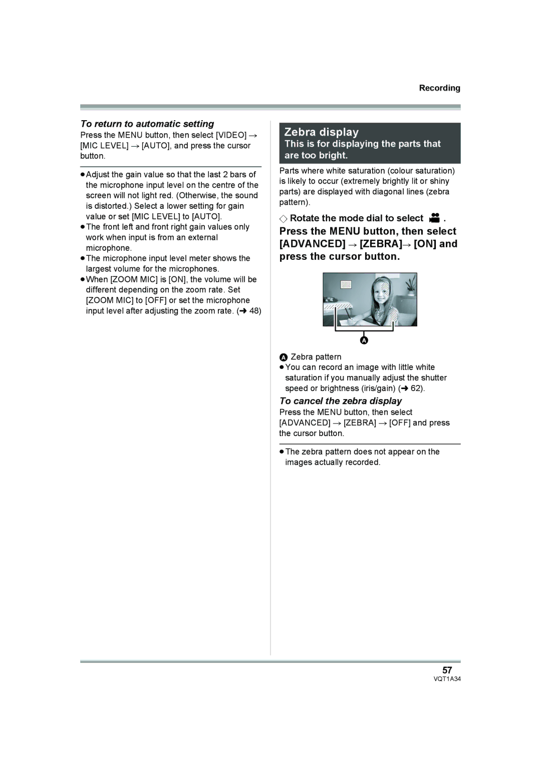 Panasonic HDC-SD1 operating instructions Zebra display, To return to automatic setting, To cancel the zebra display 