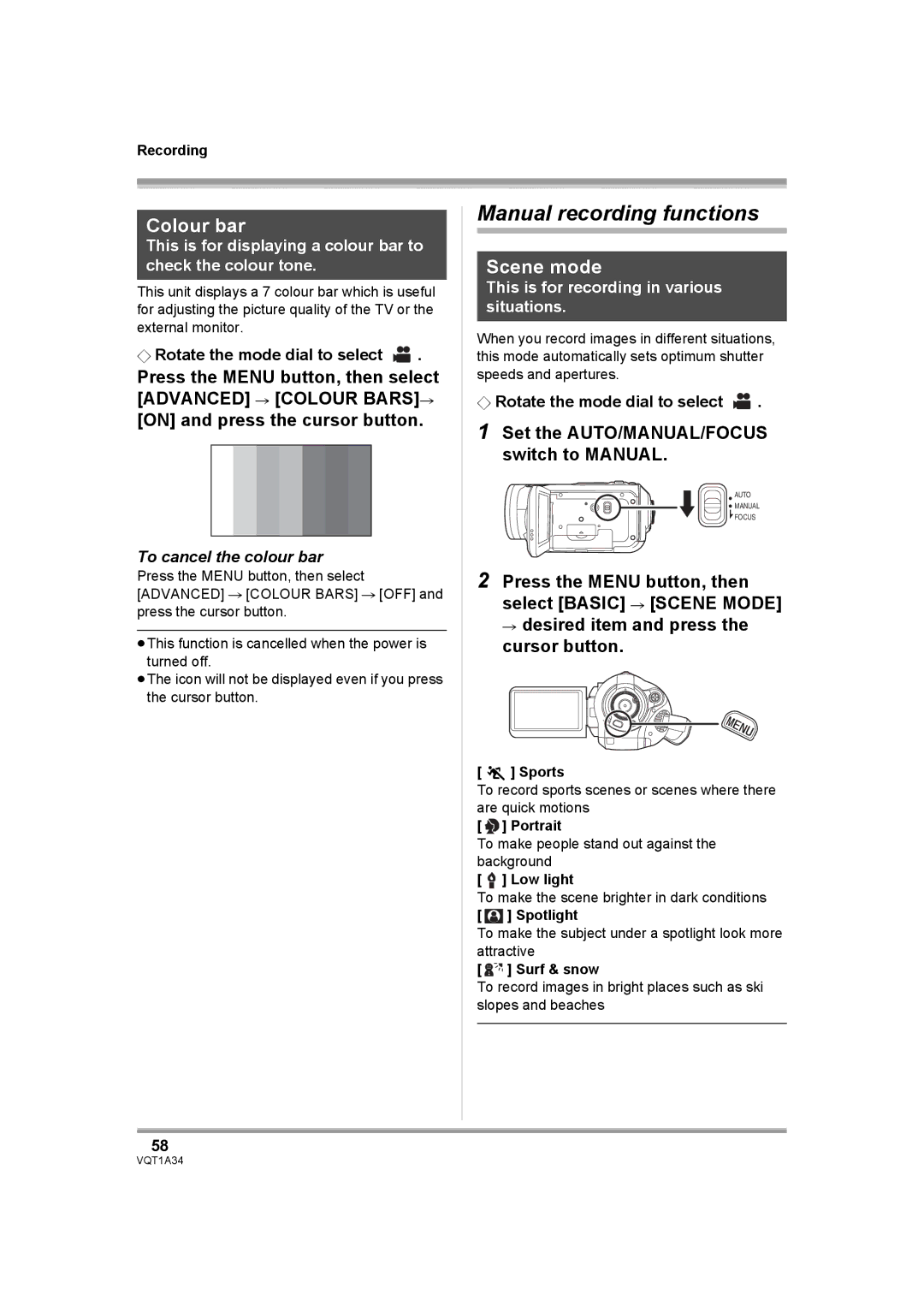 Panasonic HDC-SD1 Manual recording functions, Colour bar, Scene mode, Set the AUTO/MANUAL/FOCUS switch to Manual 