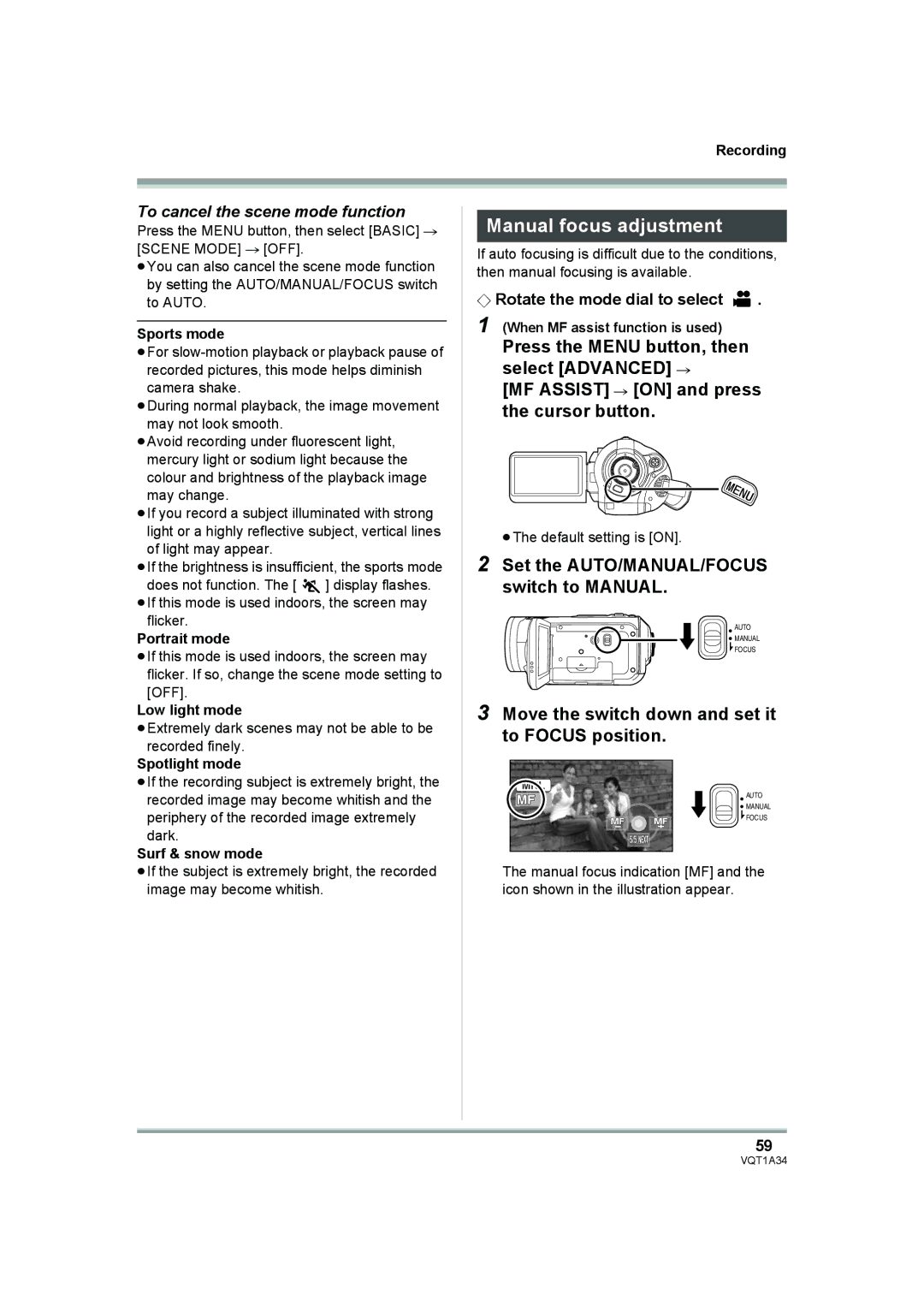 Panasonic HDC-SD1 operating instructions Manual focus adjustment, Move the switch down and set it to Focus position 