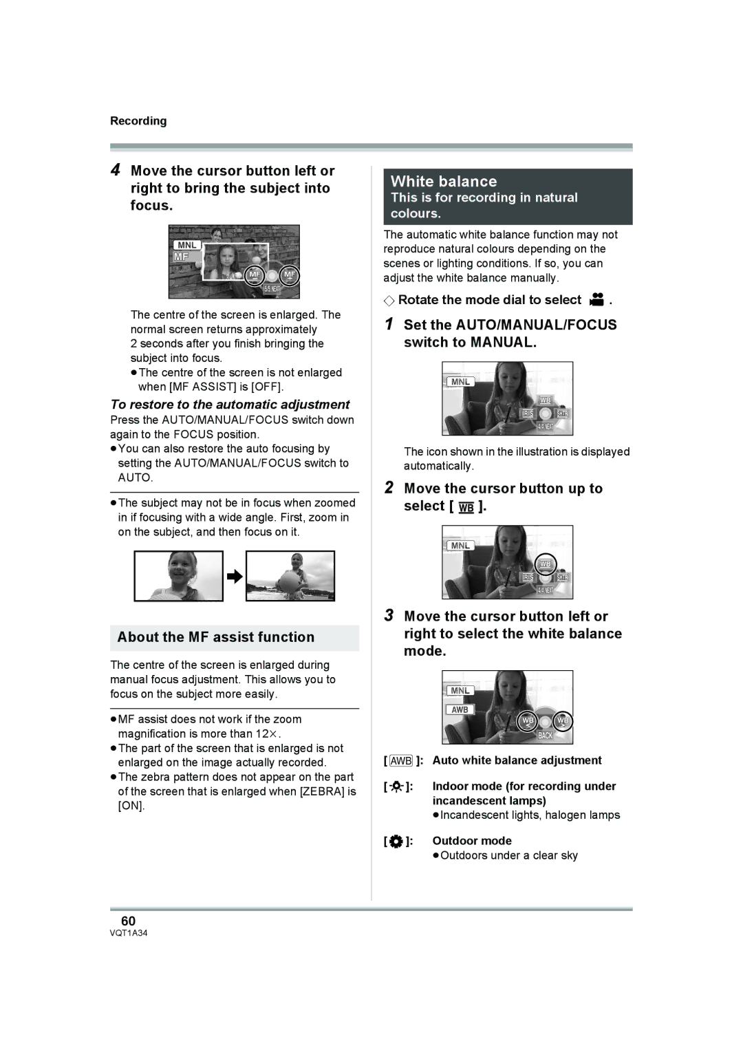 Panasonic HDC-SD1 White balance, About the MF assist function, To restore to the automatic adjustment 