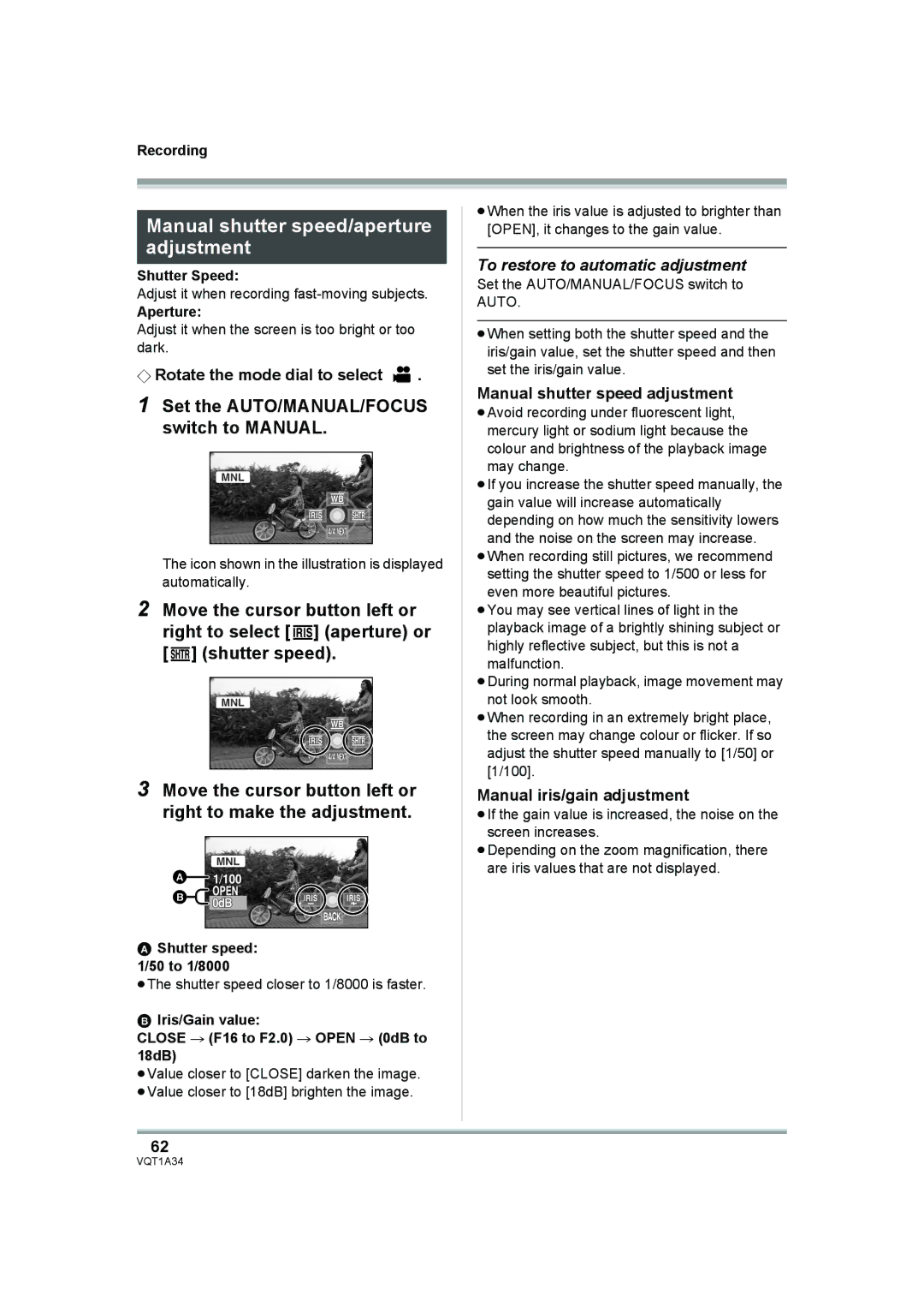 Panasonic HDC-SD1 operating instructions Manual shutter speed/aperture adjustment, To restore to automatic adjustment 