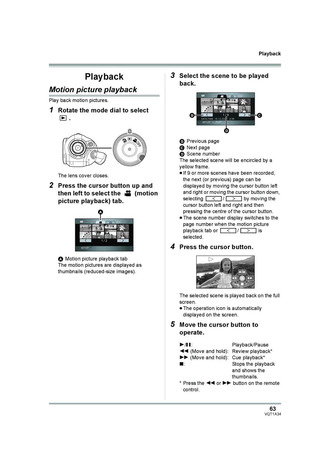 Panasonic HDC-SD1 Motion picture playback, Select the scene to be played back, Press the cursor button, Playback 