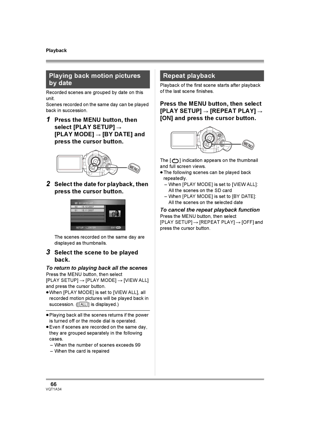 Panasonic HDC-SD1 Playing back motion pictures by date, Repeat playback, To return to playing back all the scenes 