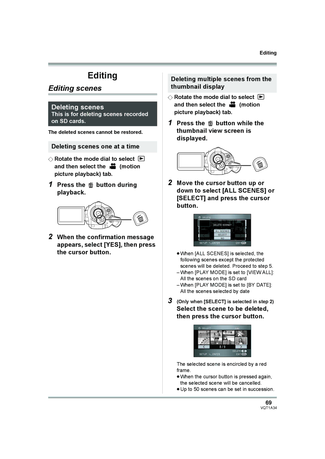 Panasonic HDC-SD1 operating instructions Editing scenes, Deleting scenes one at a time 