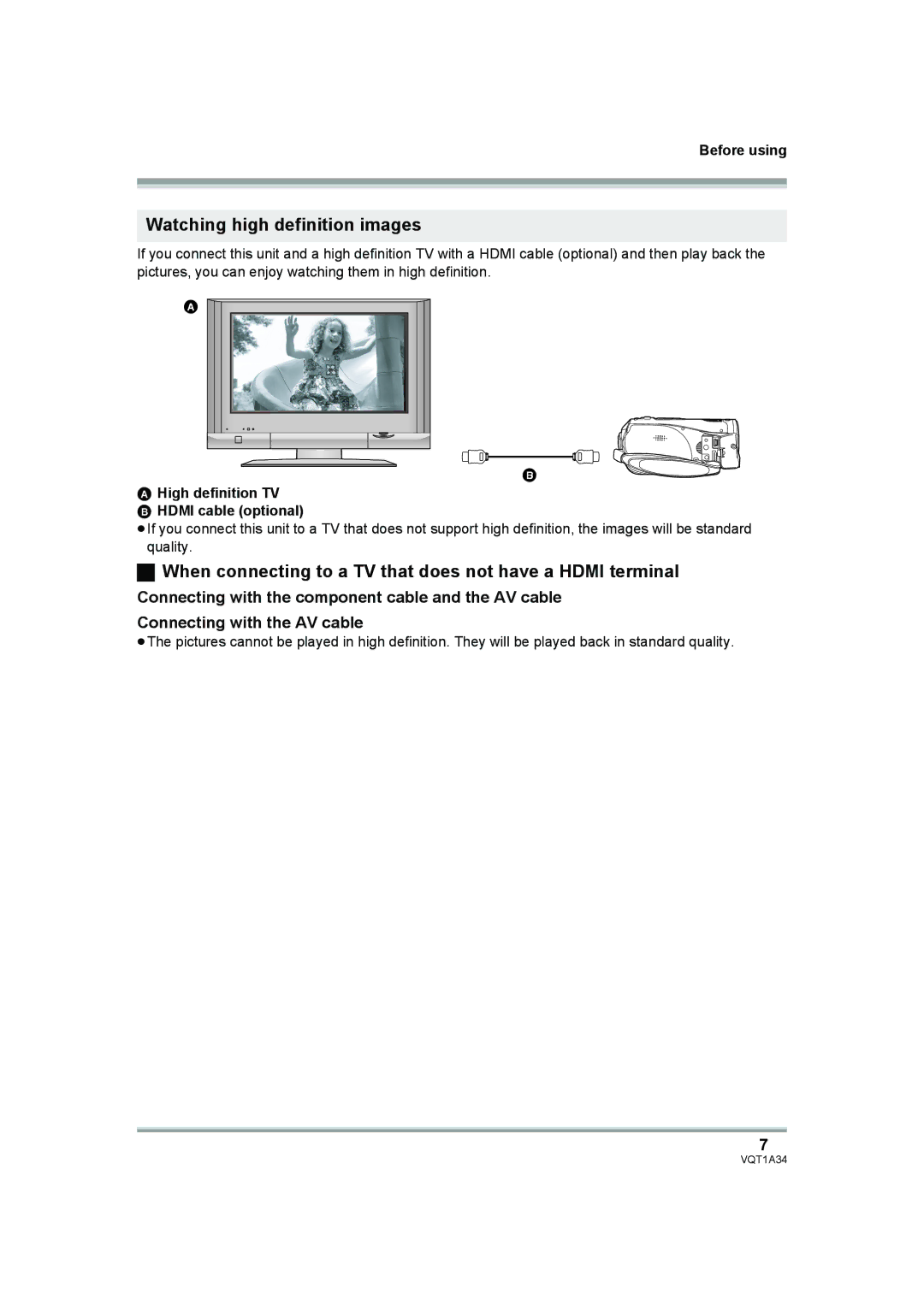 Panasonic HDC-SD1 Watching high definition images, When connecting to a TV that does not have a Hdmi terminal 