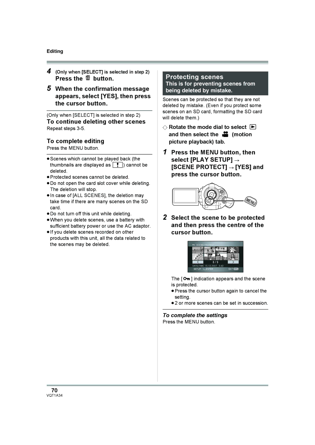 Panasonic HDC-SD1 Protecting scenes, To continue deleting other scenes, To complete editing, To complete the settings 