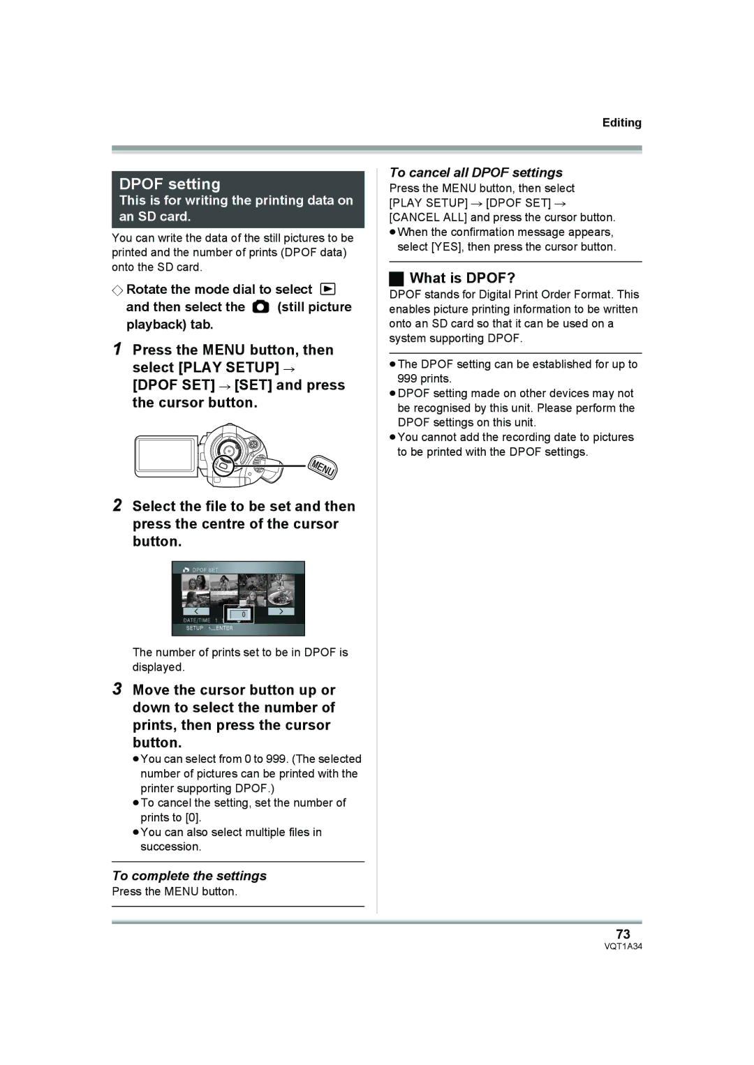 Panasonic HDC-SD1 What is DPOF?, To cancel all Dpof settings, Number of prints set to be in Dpof is displayed 