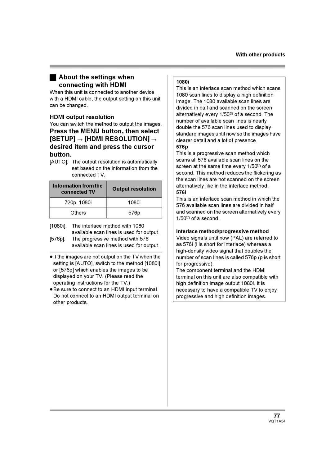 Panasonic HDC-SD1 operating instructions About the settings when Connecting with Hdmi, Hdmi output resolution 