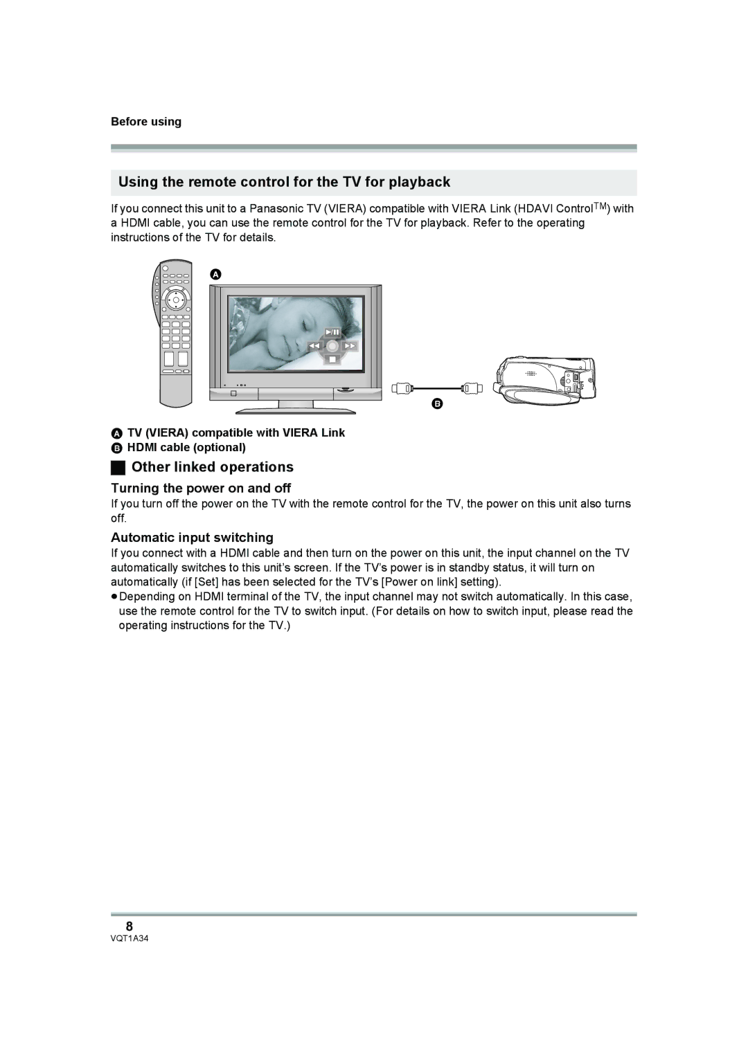 Panasonic HDC-SD1 Using the remote control for the TV for playback, Other linked operations, Turning the power on and off 