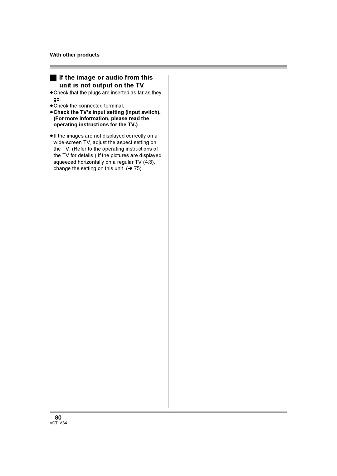 Panasonic HDC-SD1 operating instructions If the image or audio from this Unit is not output on the TV 