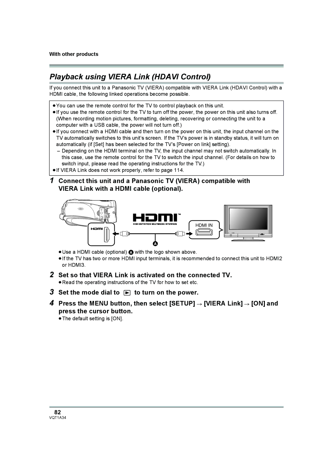 Panasonic HDC-SD1 Playback using Viera Link Hdavi Control, Set so that Viera Link is activated on the connected TV 