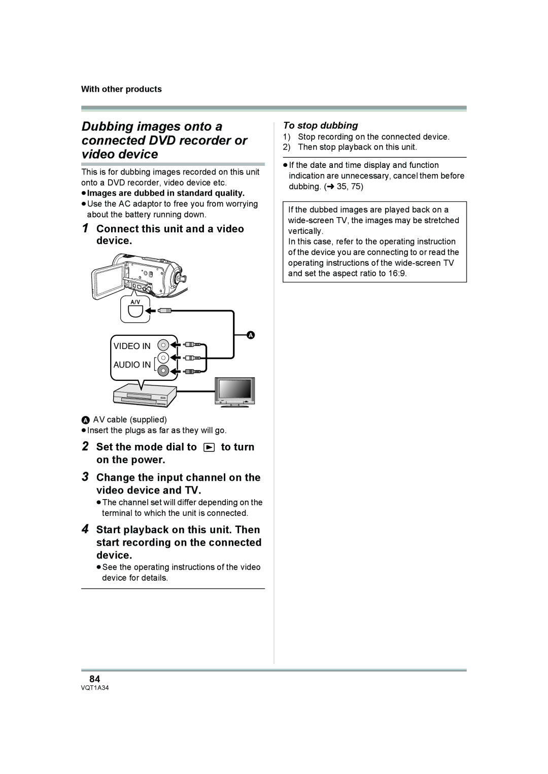 Panasonic HDC-SD1 Connect this unit and a video device, To stop dubbing, About the battery running down 