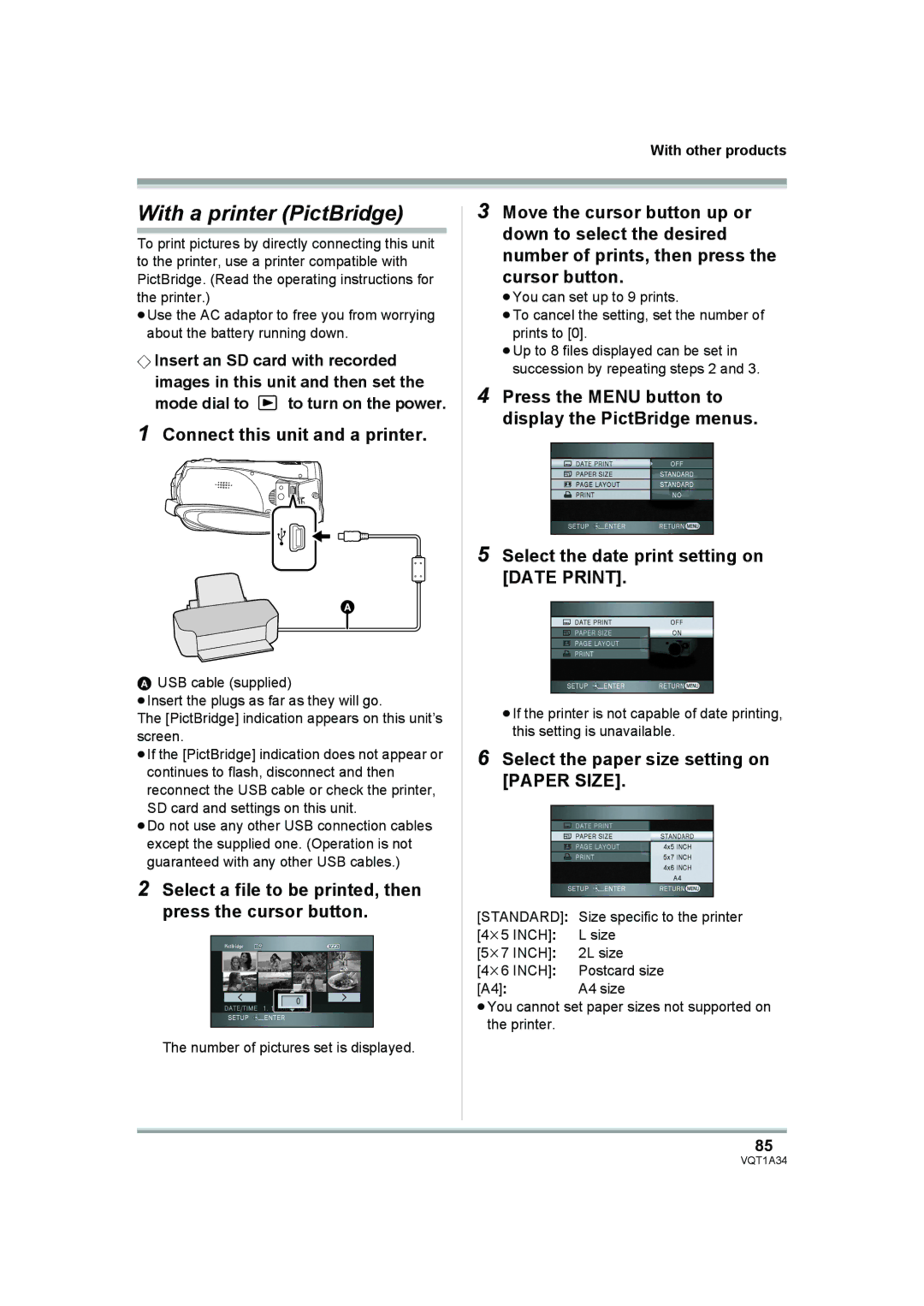 Panasonic HDC-SD1 With a printer PictBridge, Connect this unit and a printer, Select the paper size setting on Paper Size 