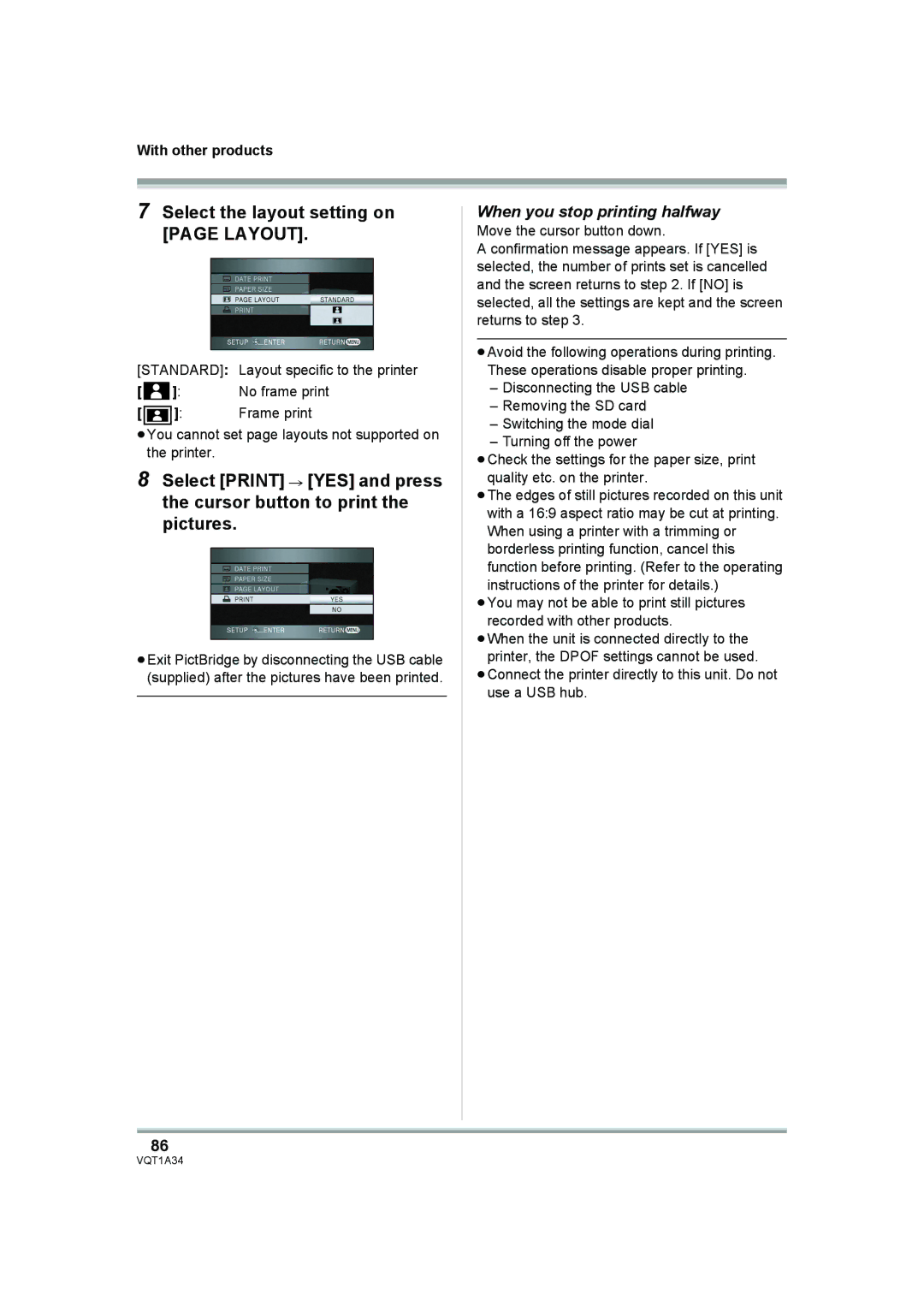 Panasonic HDC-SD1 operating instructions Select the layout setting on page Layout, When you stop printing halfway 