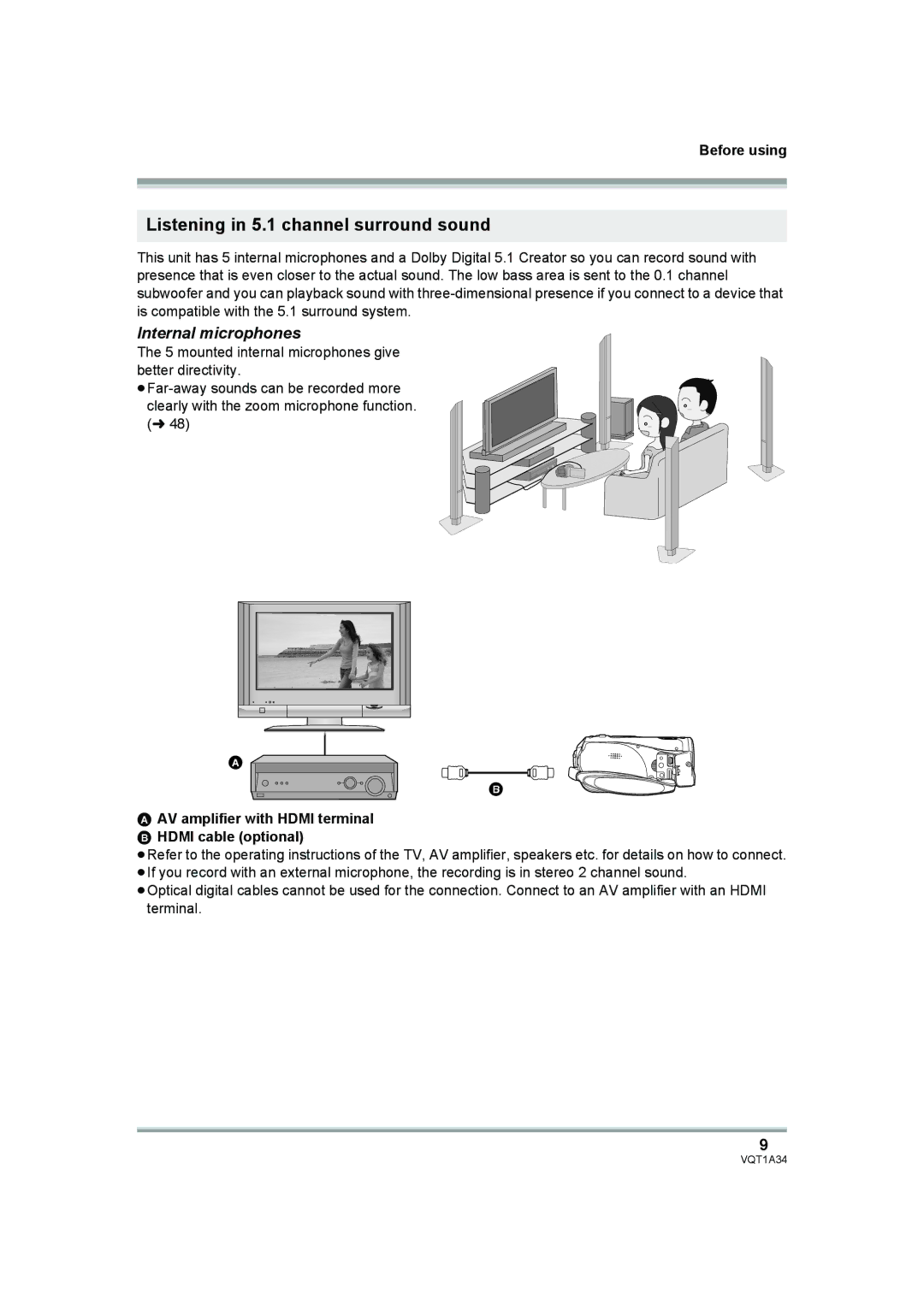 Panasonic HDC-SD1 operating instructions Listening in 5.1 channel surround sound, Internal microphones 