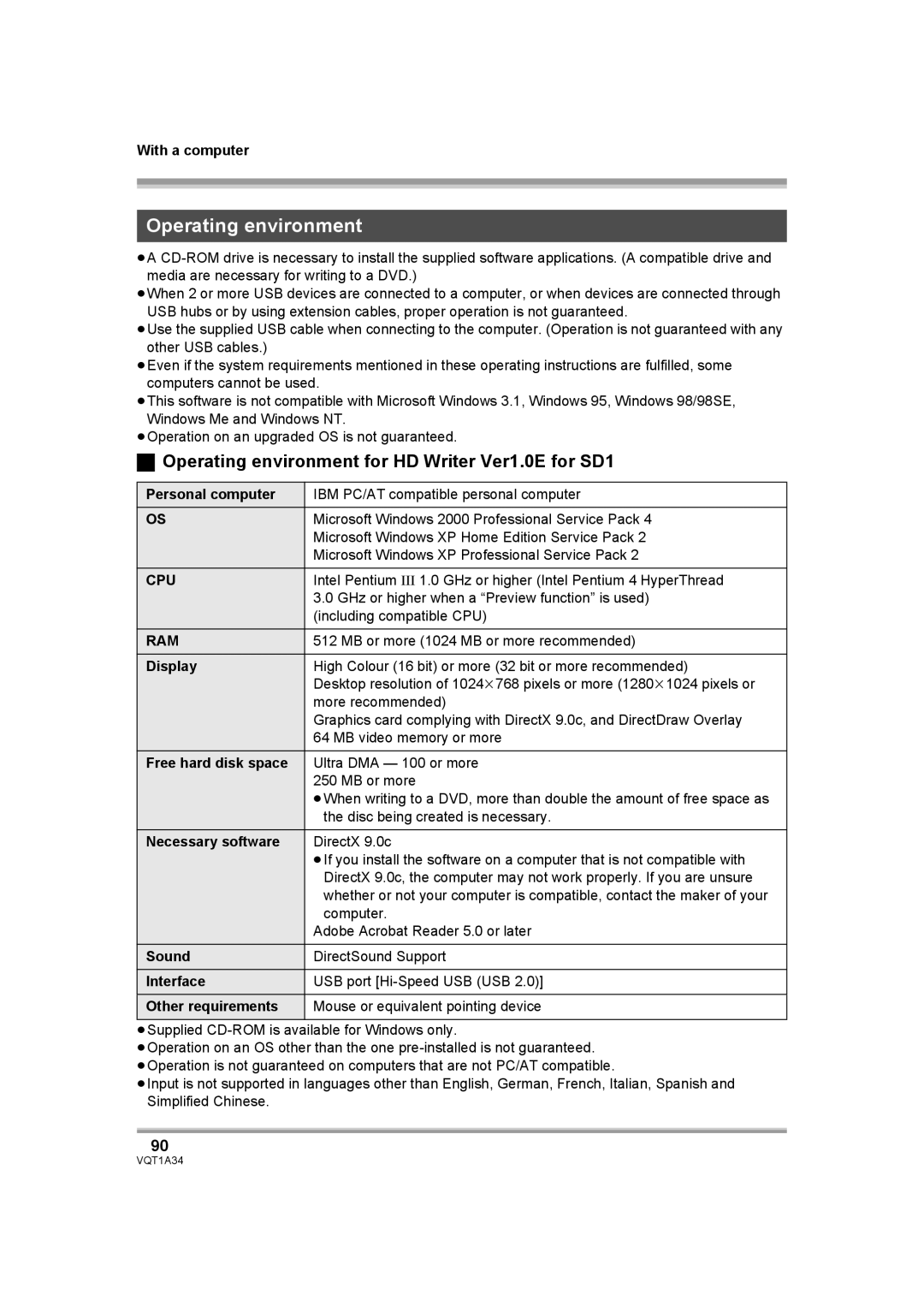 Panasonic HDC-SD1 operating instructions Operating environment for HD Writer Ver1.0E for SD1 