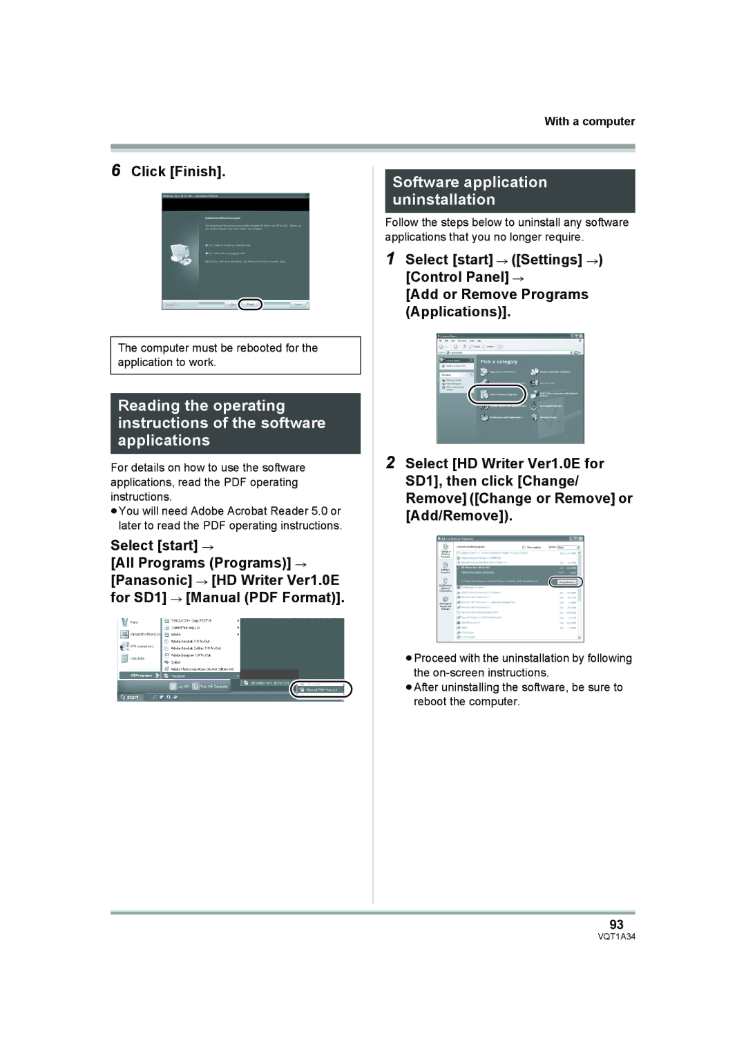 Panasonic HDC-SD1 operating instructions Software application uninstallation, Click Finish, Select start # 