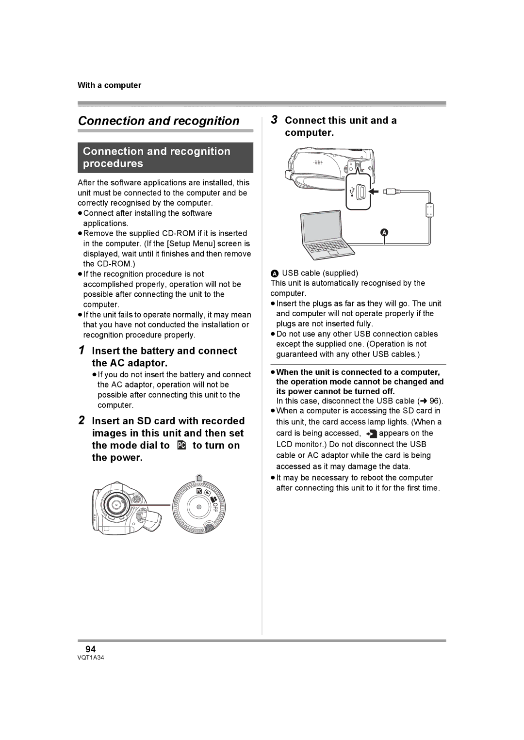 Panasonic HDC-SD1 Connection and recognition procedures, Insert the battery and connect the AC adaptor 