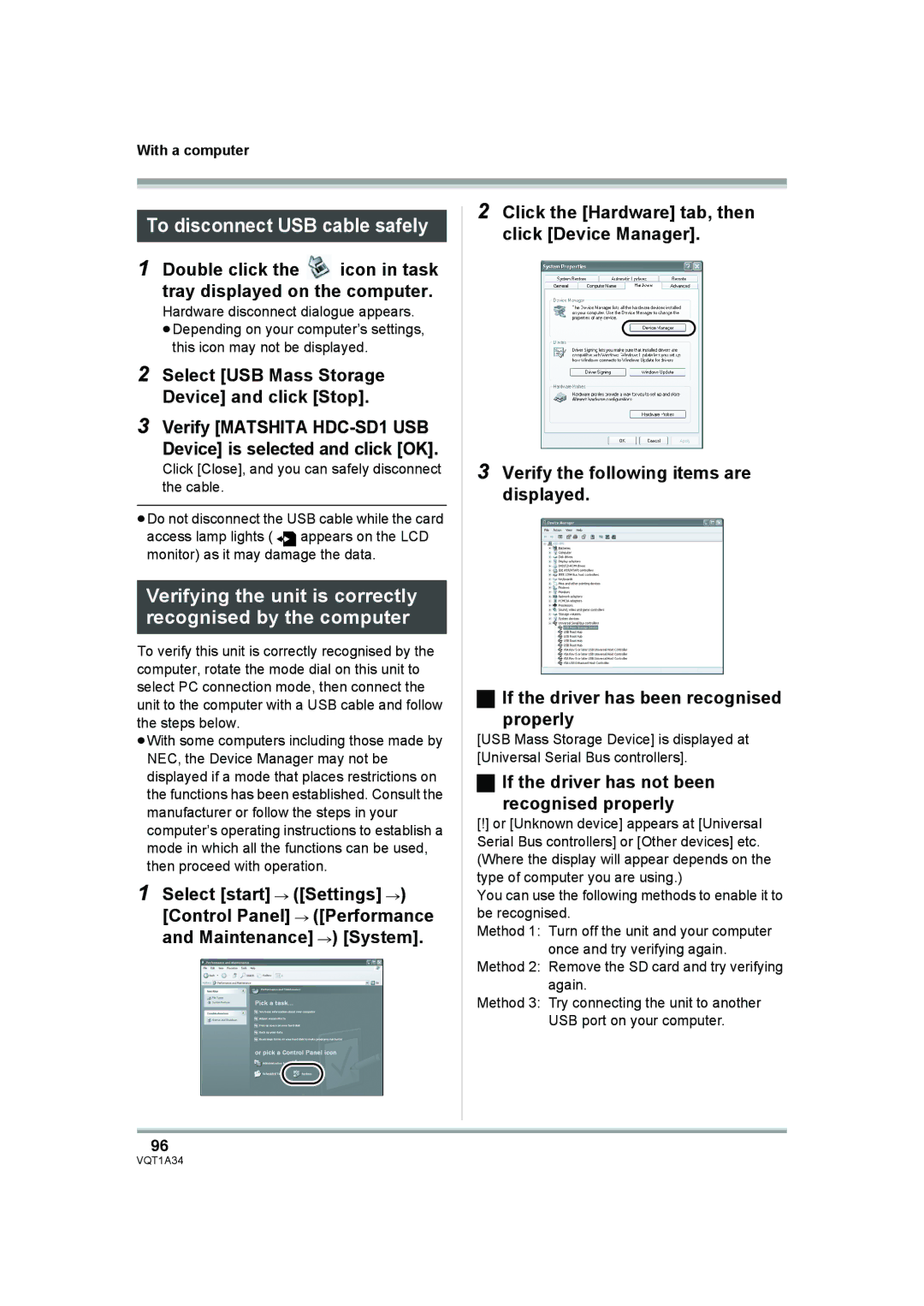 Panasonic HDC-SD1 To disconnect USB cable safely, Verifying the unit is correctly recognised by the computer 