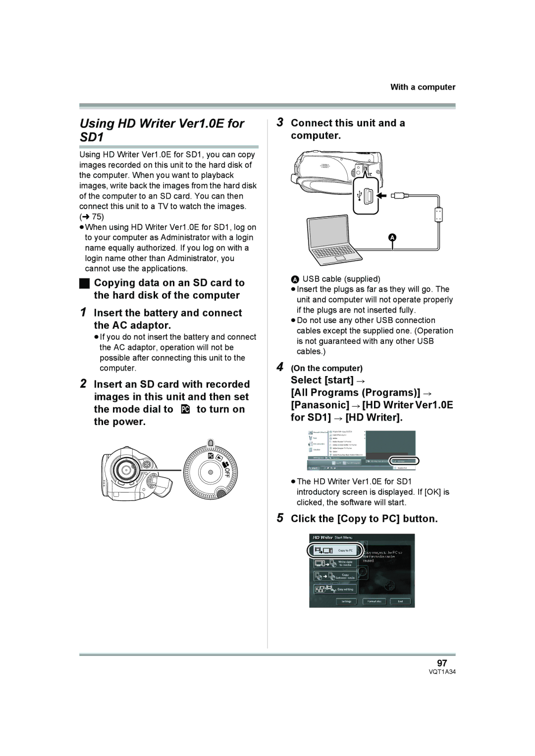 Panasonic HDC-SD1 operating instructions Using HD Writer Ver1.0E for SD1, Click the Copy to PC button, On the computer 