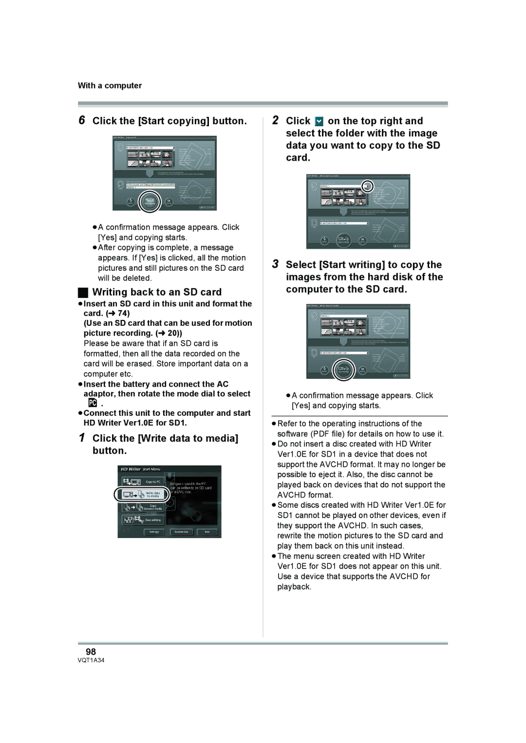 Panasonic HDC-SD1 operating instructions Click the Start copying button, Writing back to an SD card 