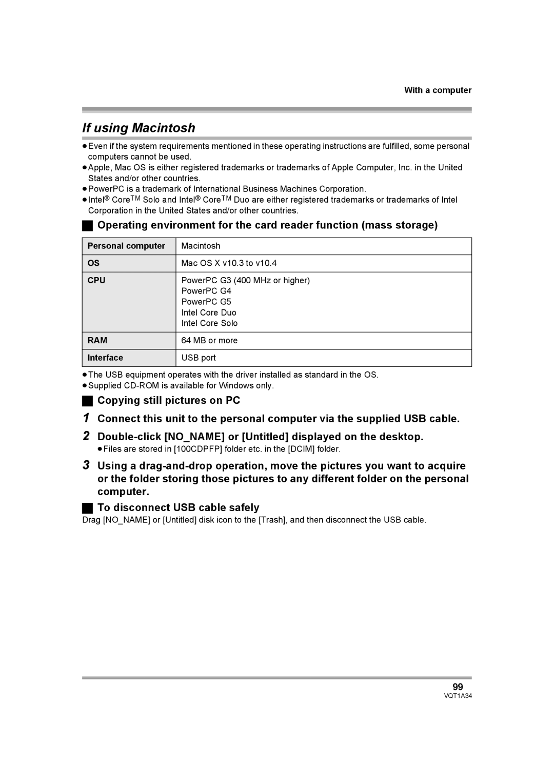 Panasonic HDC-SD1 operating instructions If using Macintosh 