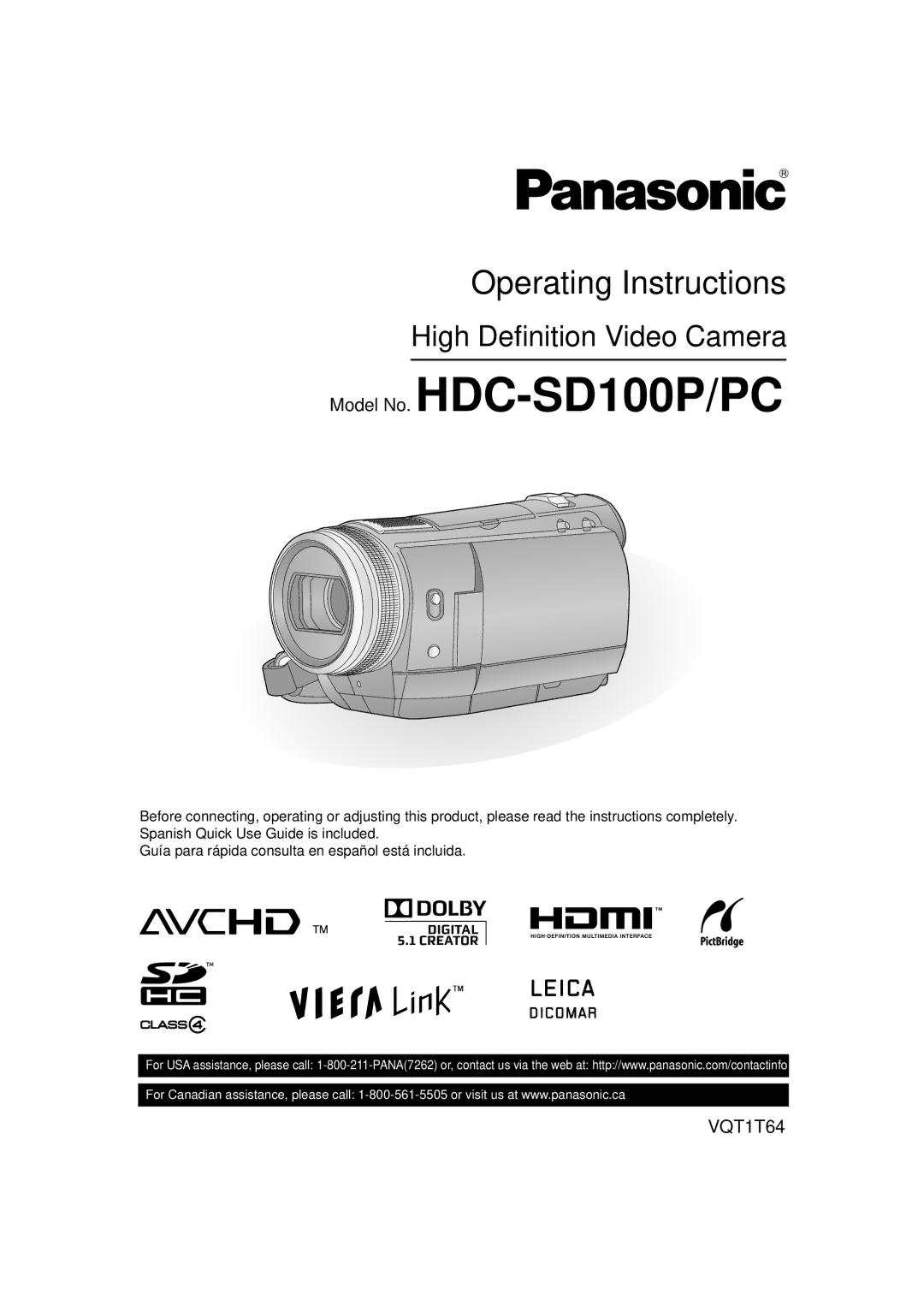 Panasonic HDC-SD100PC operating instructions Model No. HDC-SD100P/PC 