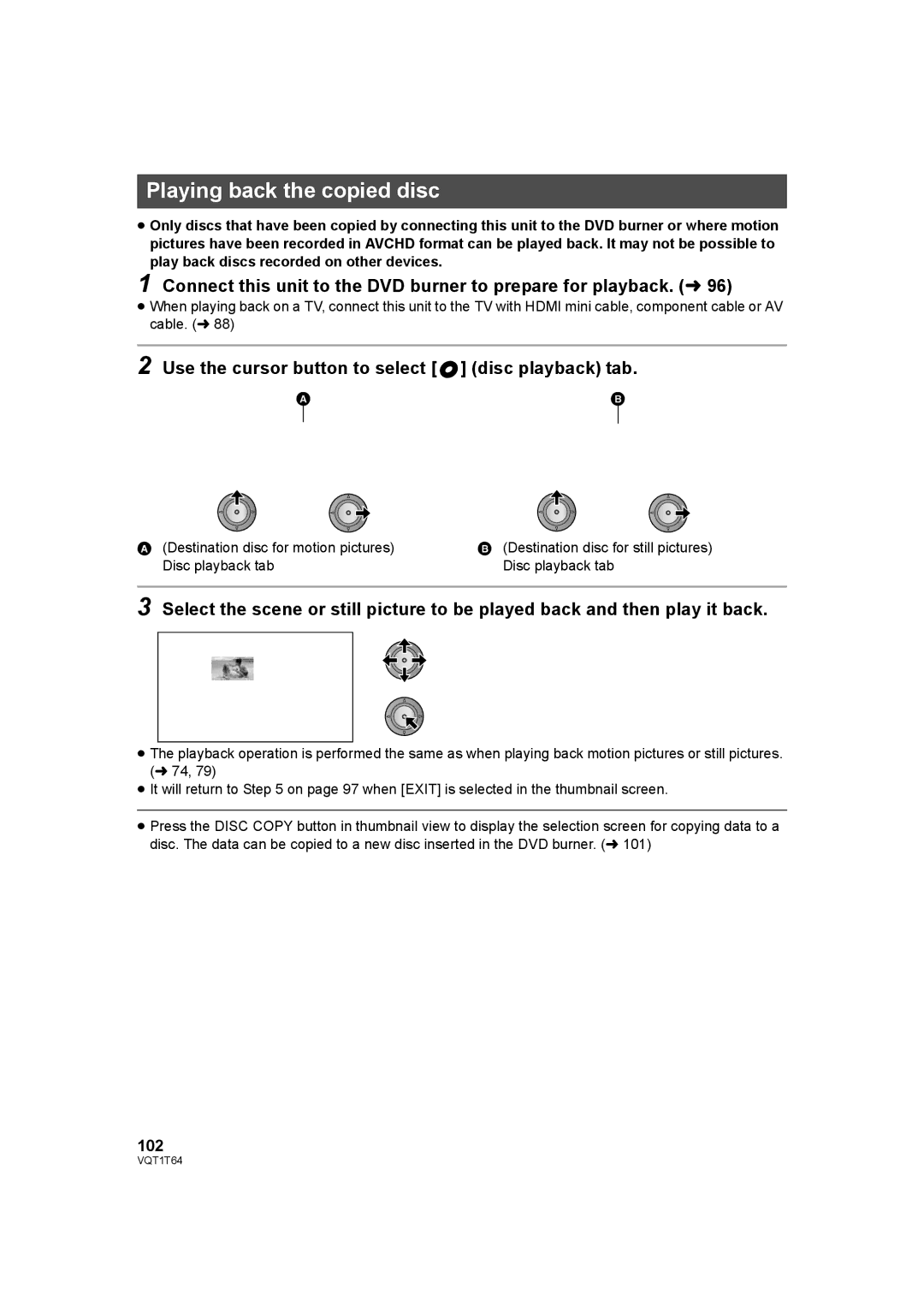 Panasonic HDC-SD100PC Playing back the copied disc, Use the cursor button to select disc playback tab, 102 