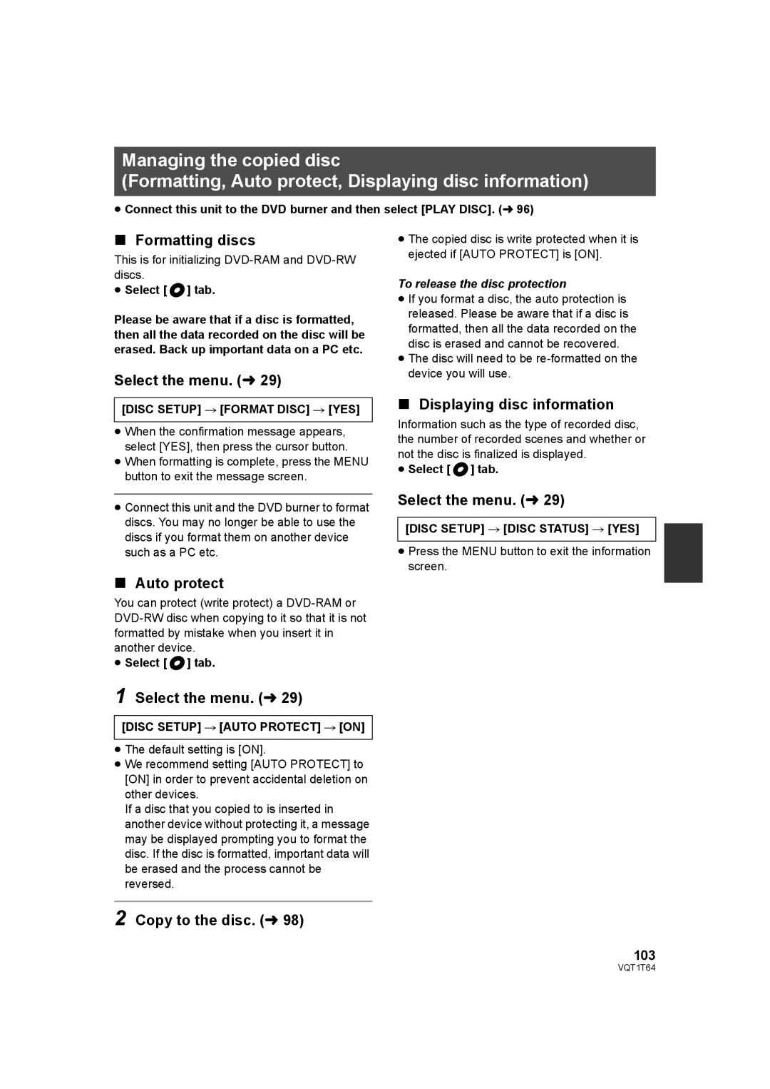 Panasonic HDC-SD100PC Formatting discs, Displaying disc information, Auto protect, Copy to the disc. l, 103 