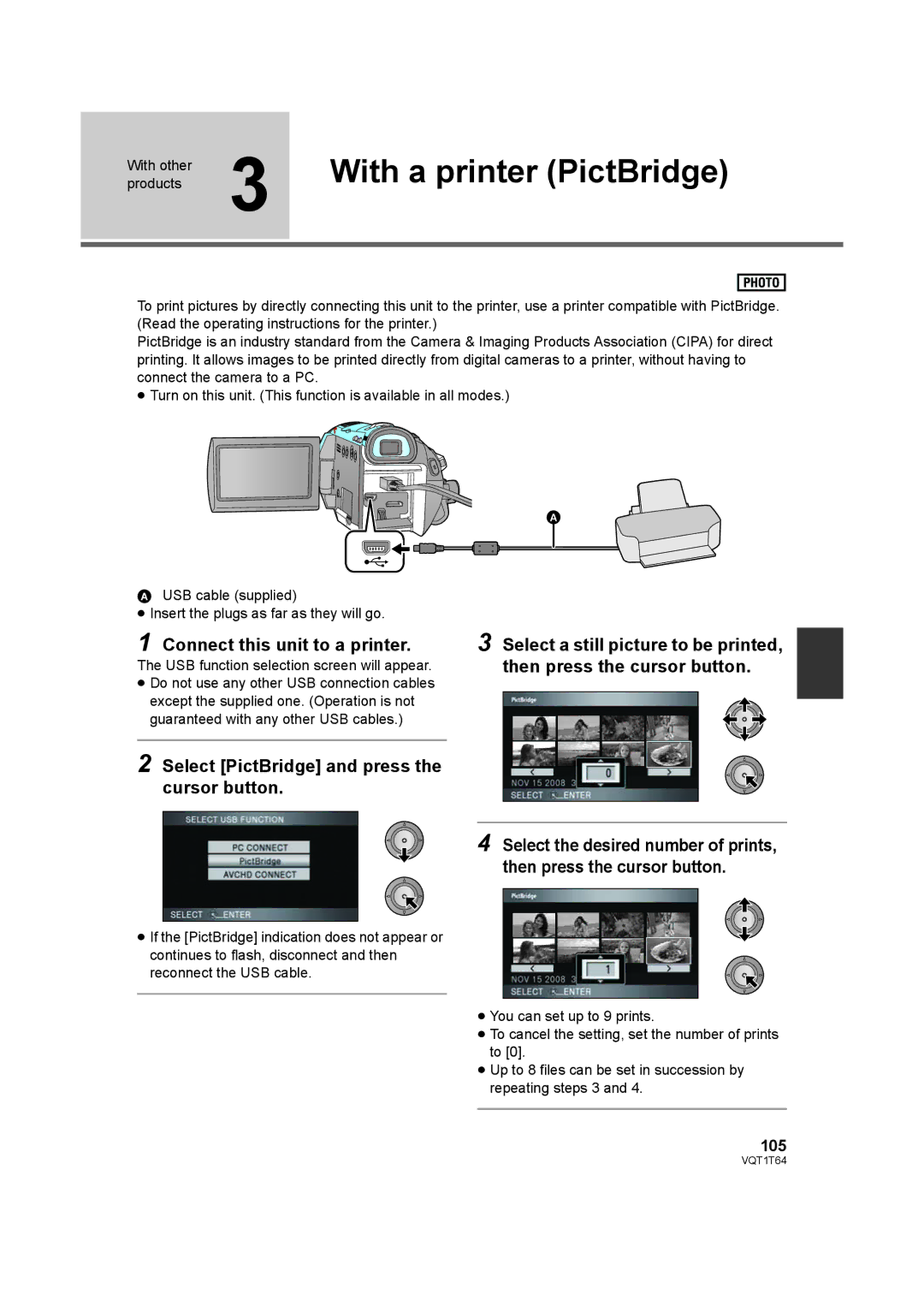 Panasonic HDC-SD100PC operating instructions With a printer PictBridge, Connect this unit to a printer, 105 