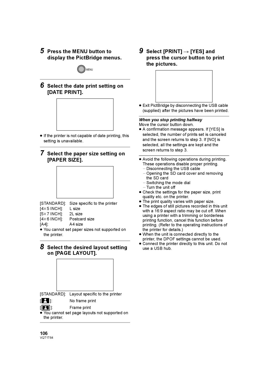 Panasonic HDC-SD100PC Press the Menu button to display the PictBridge menus, Select the date print setting on Date Print 