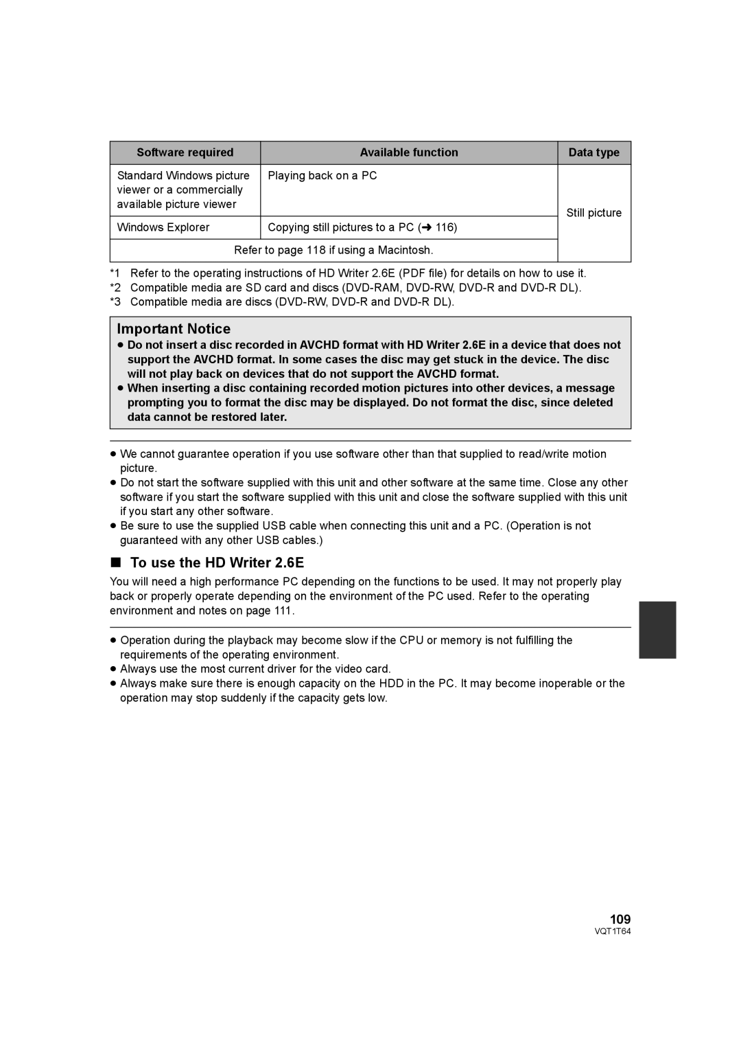 Panasonic HDC-SD100PC To use the HD Writer 2.6E, 109, Software required Available function Data type 