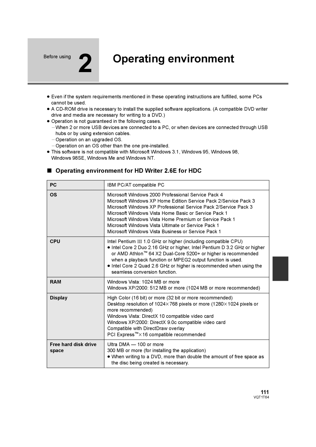 Panasonic HDC-SD100PC operating instructions Operating environment for HD Writer 2.6E for HDC, 111, Cpu, Ram 