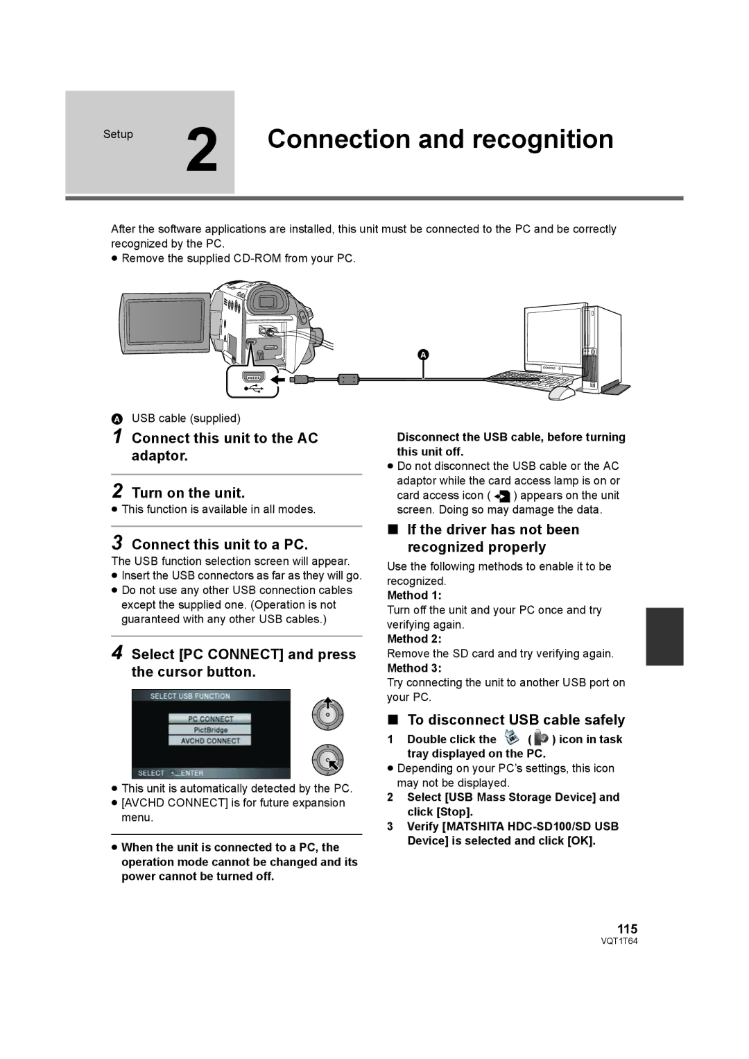 Panasonic HDC-SD100PC operating instructions Connection and recognition 