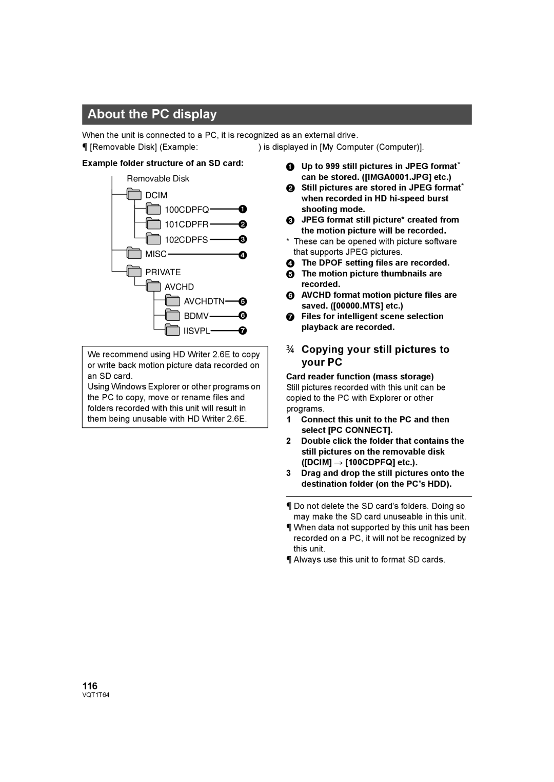 Panasonic HDC-SD100PC operating instructions About the PC display, Copying your still pictures to your PC, 116 