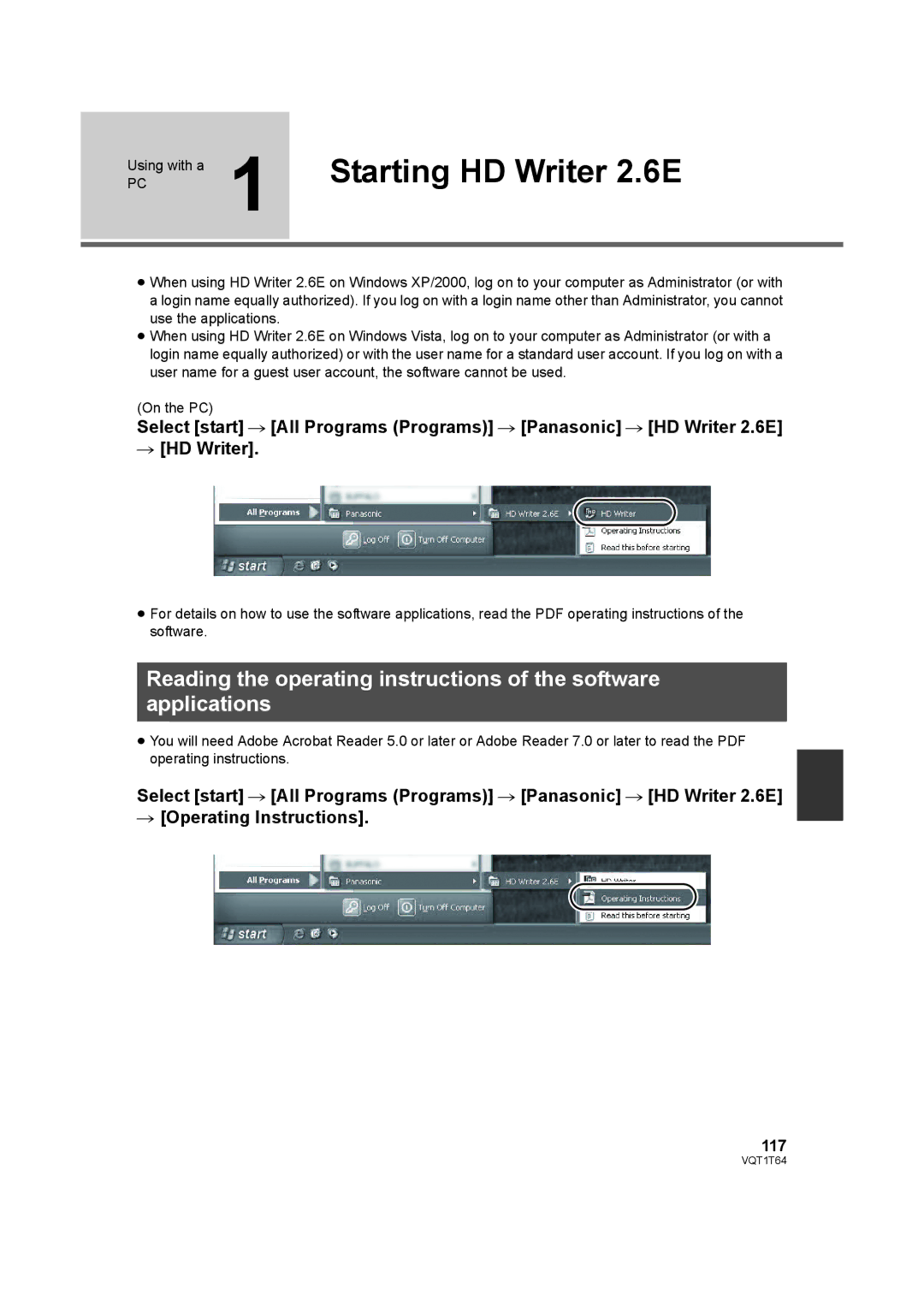 Panasonic HDC-SD100PC operating instructions Starting HD Writer 2.6E, 117 