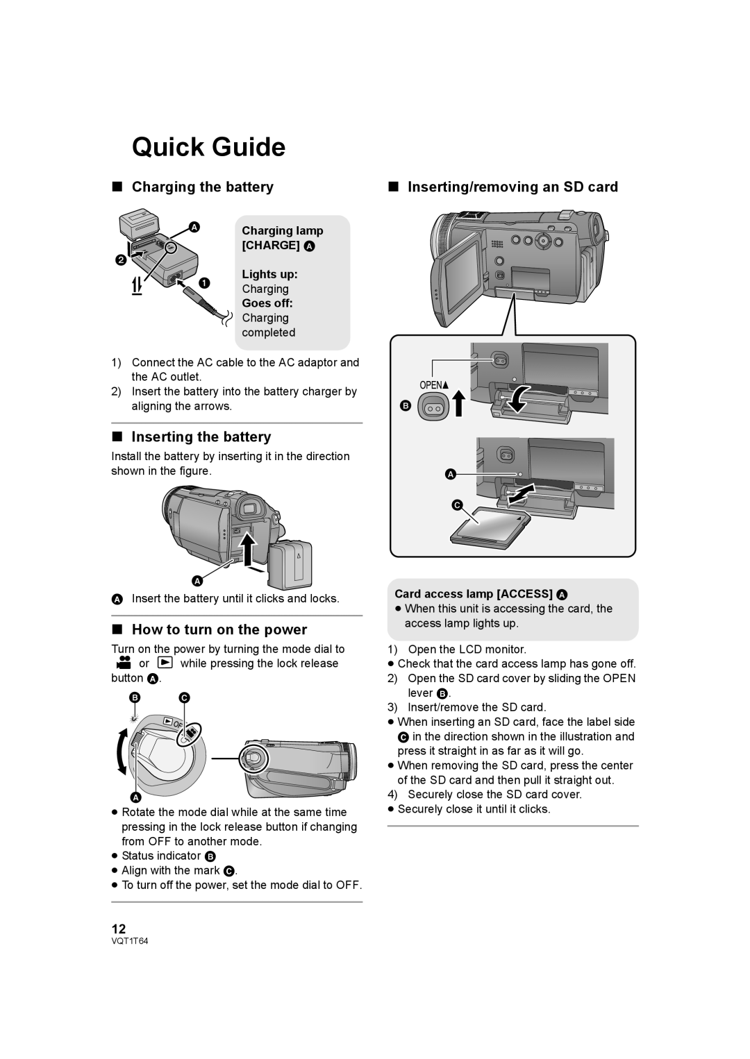 Panasonic HDC-SD100PC Quick Guide, Charging the battery, Inserting the battery, How to turn on the power 