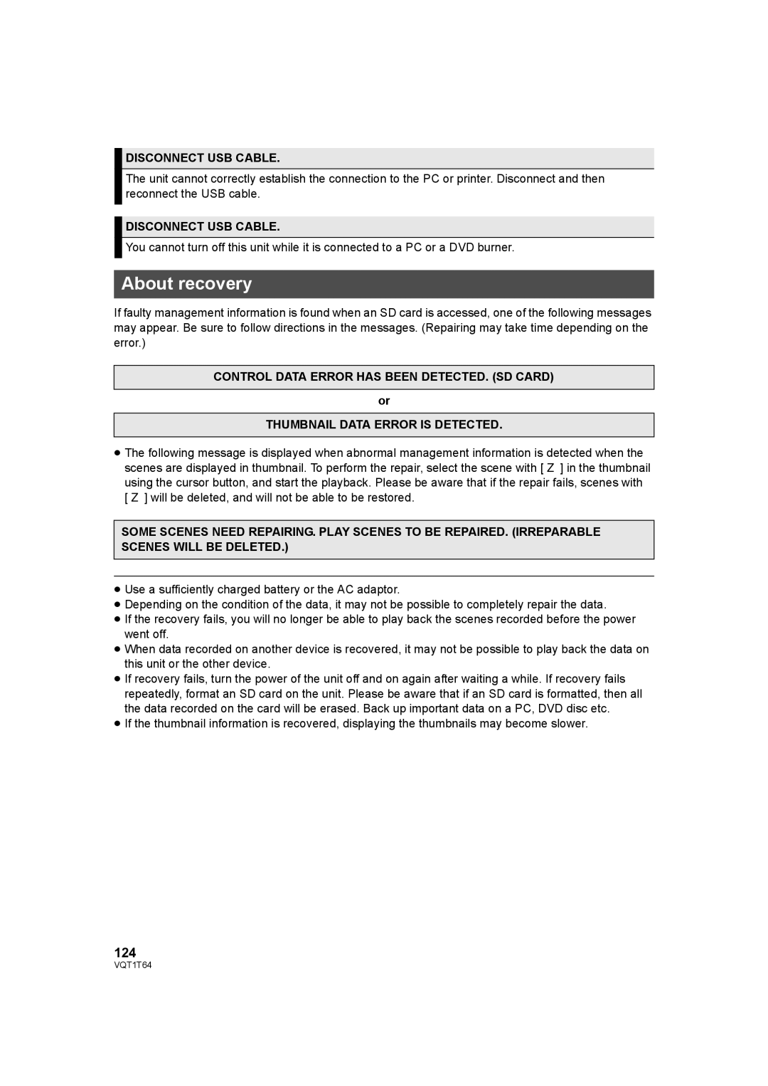 Panasonic HDC-SD100PC operating instructions About recovery, 124, Disconnect USB Cable 