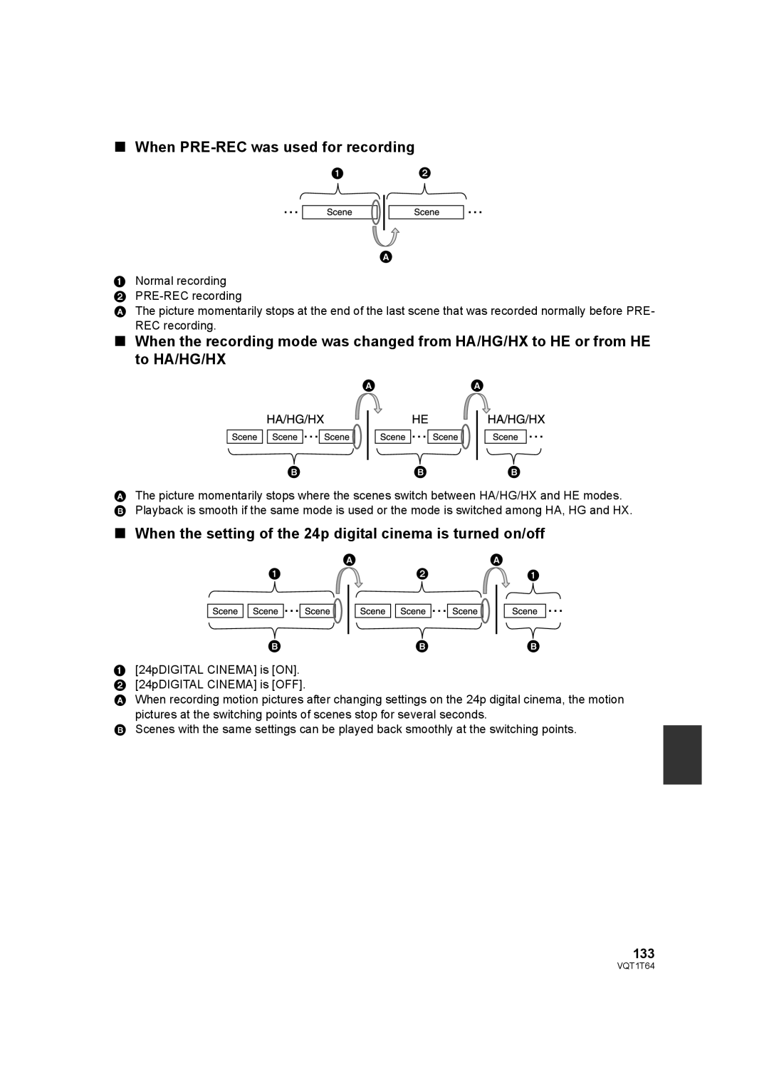 Panasonic HDC-SD100P When PRE-REC was used for recording, When the setting of the 24p digital cinema is turned on/off, 133 