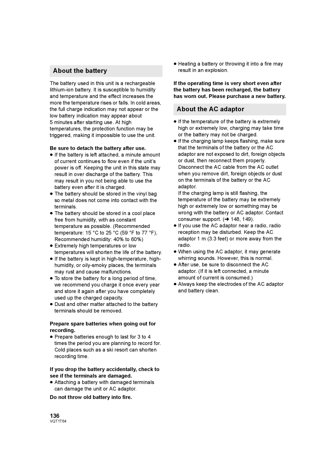 Panasonic HDC-SD100PC operating instructions About the battery, About the AC adaptor, 136 