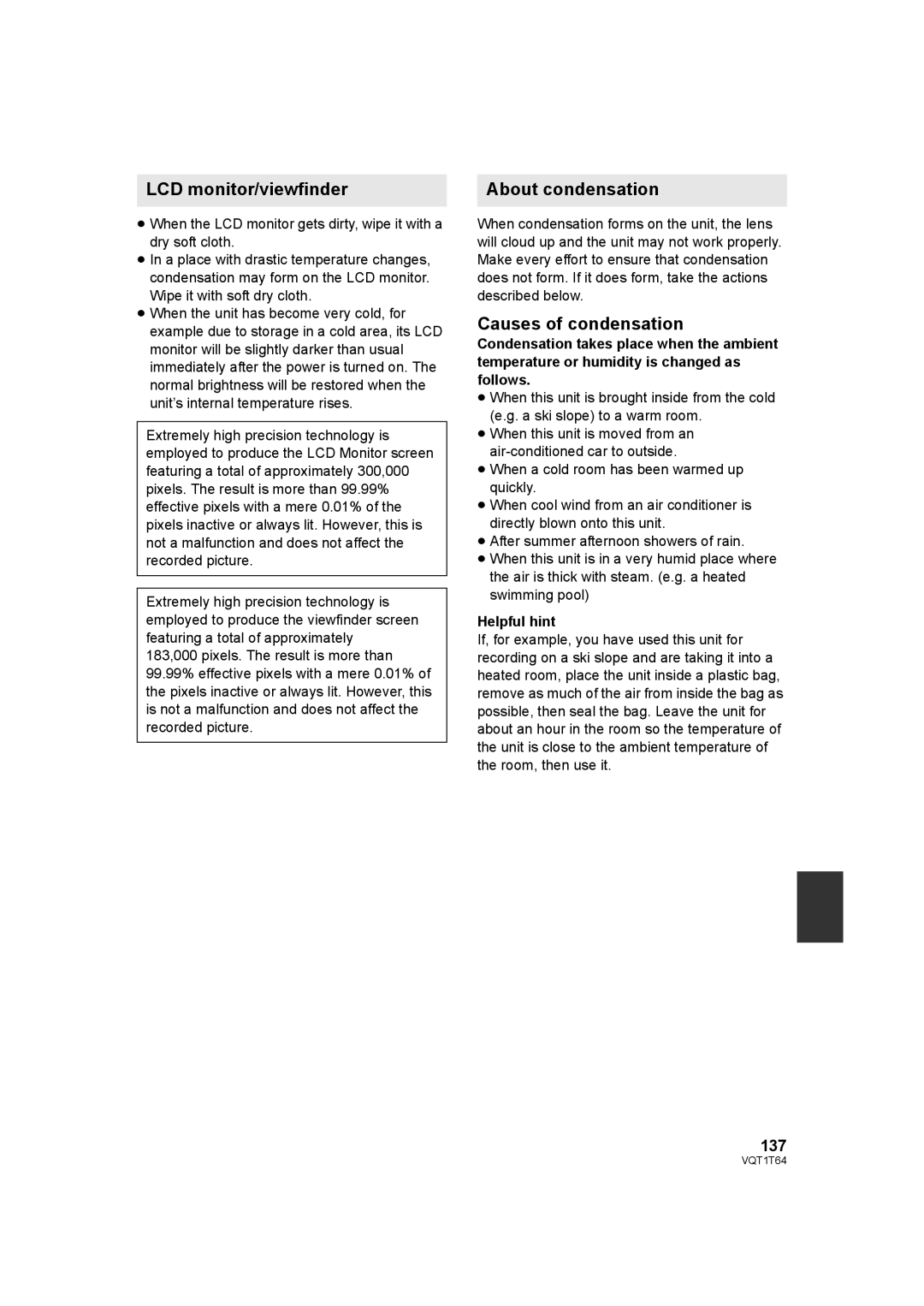 Panasonic HDC-SD100PC LCD monitor/viewfinder, About condensation, Causes of condensation, 137, Helpful hint 