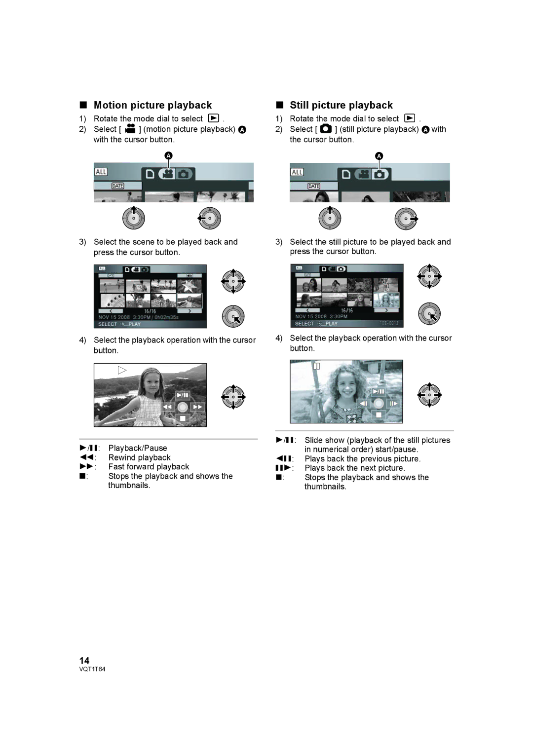 Panasonic HDC-SD100PC operating instructions Motion picture playback, Still picture playback 