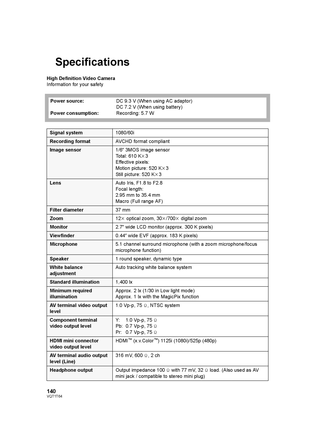 Panasonic HDC-SD100PC operating instructions Specifications, 140 