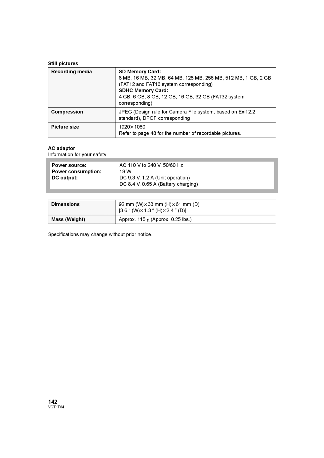 Panasonic HDC-SD100PC operating instructions 142, Still pictures Recording media SD Memory Card, AC adaptor, DC output 