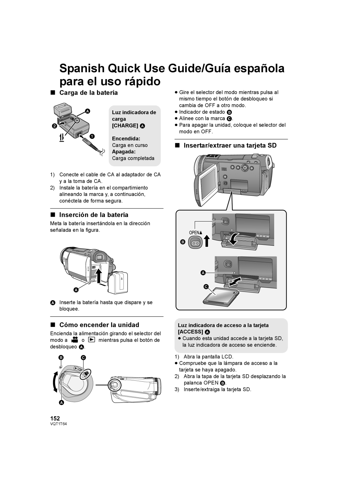 Panasonic HDC-SD100PC operating instructions Spanish Quick Use Guide/Guía española para el uso rápido, Carga de la batería 