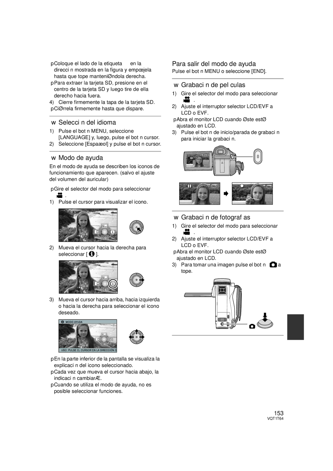 Panasonic HDC-SD100P Selección del idioma, Modo de ayuda, Para salir del modo de ayuda, Grabación de películas 