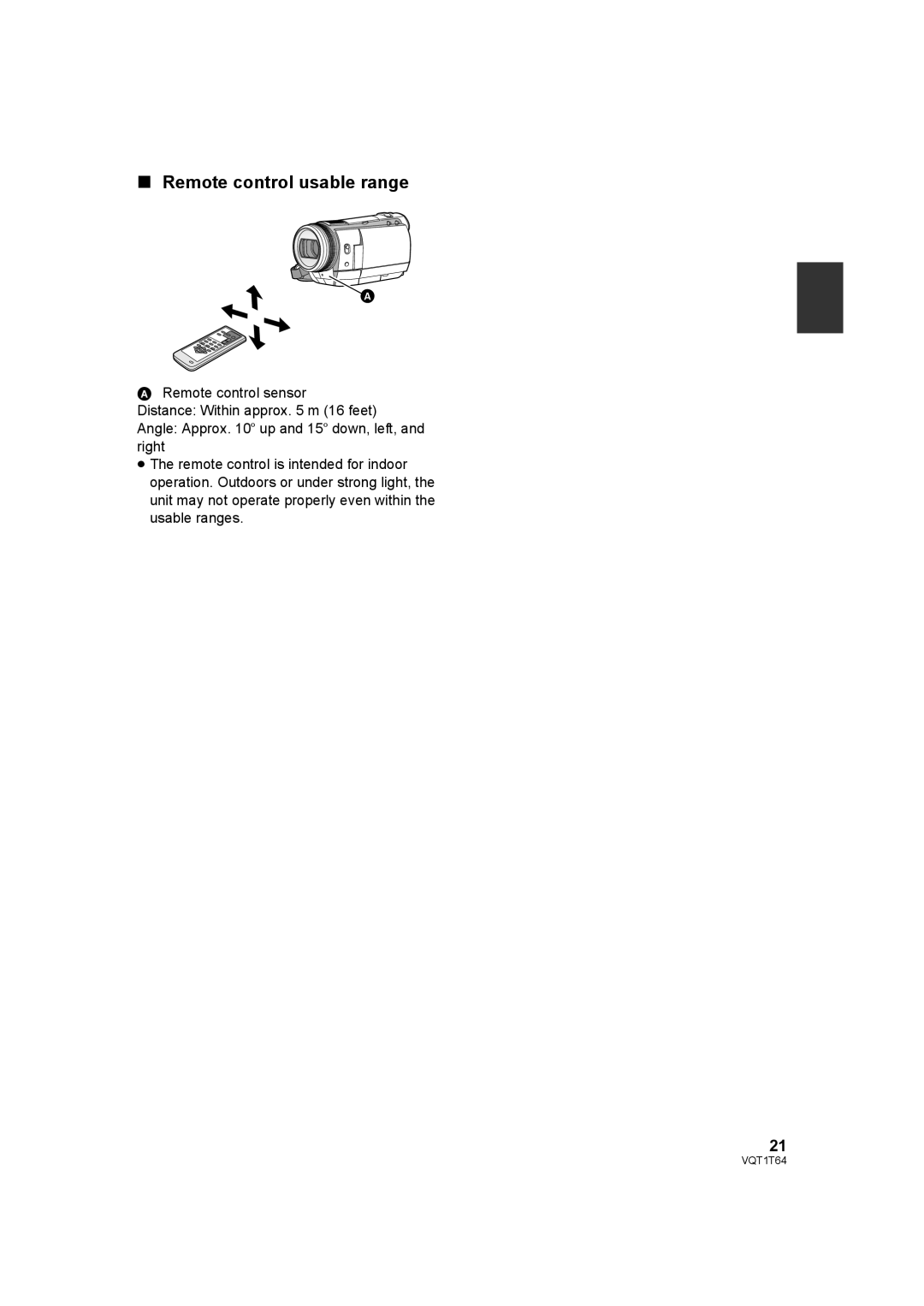 Panasonic HDC-SD100PC operating instructions Remote control usable range 