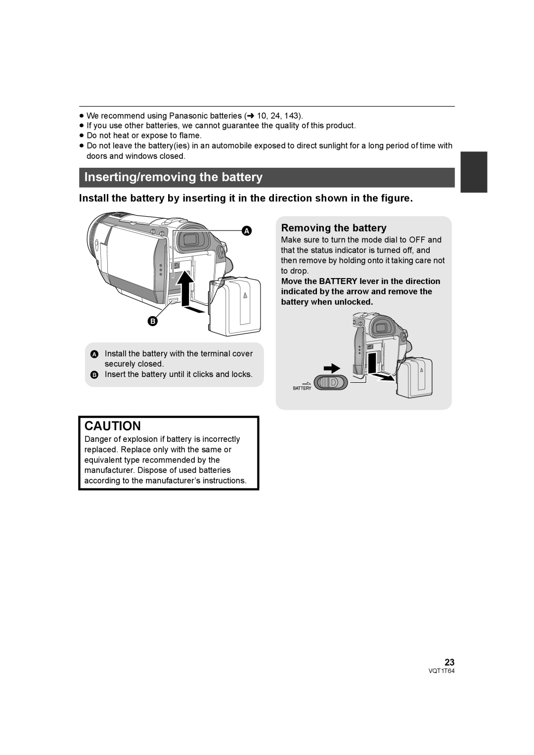 Panasonic HDC-SD100PC operating instructions Inserting/removing the battery, Removing the battery 