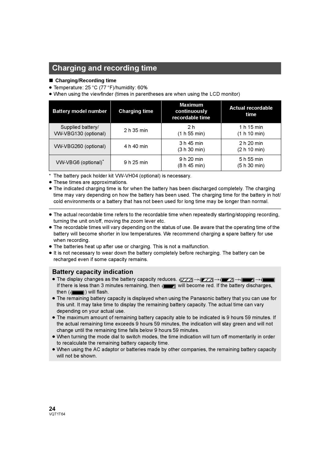 Panasonic HDC-SD100PC Charging and recording time, Battery capacity indication, Charging/Recording time 