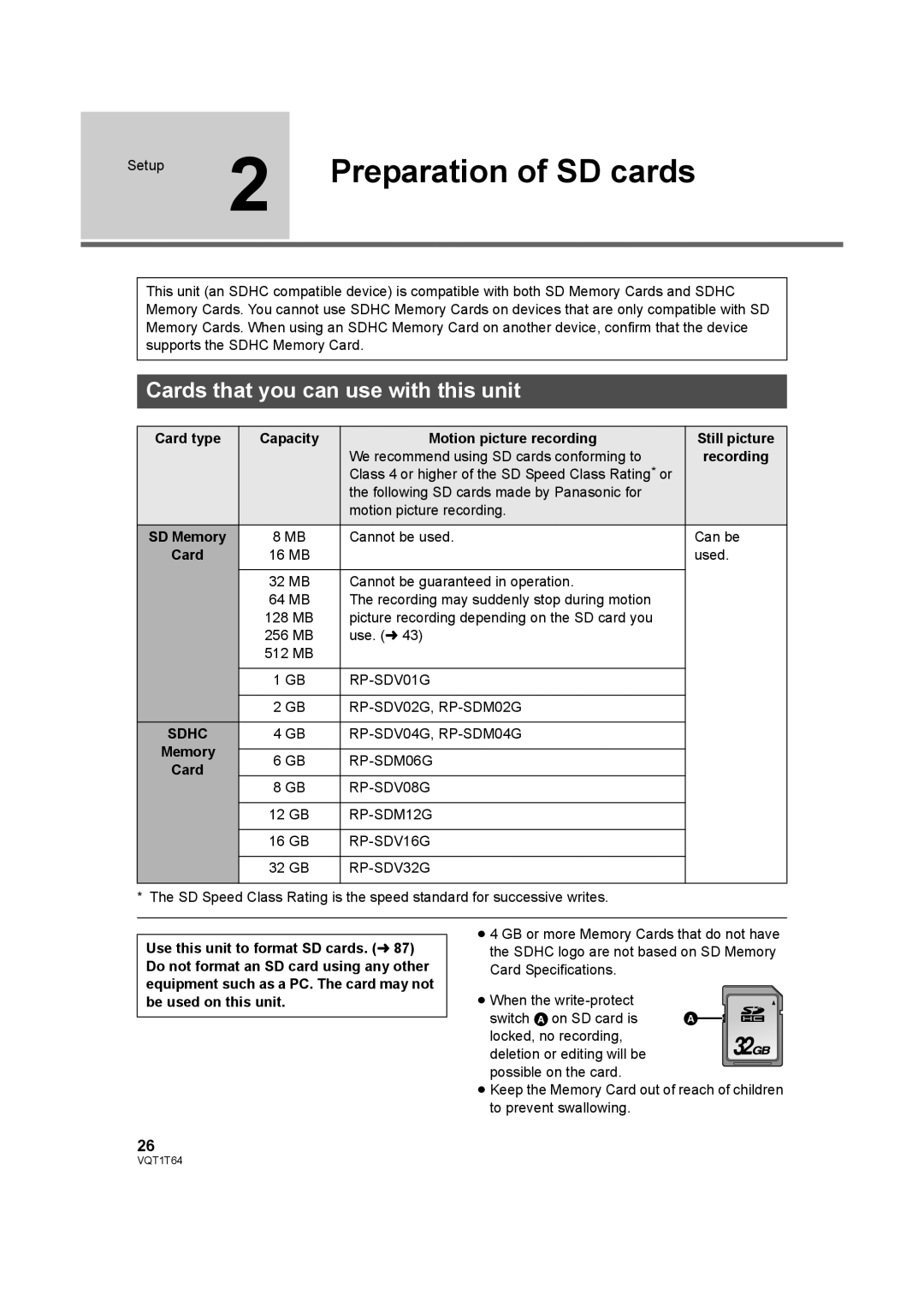 Panasonic HDC-SD100PC operating instructions Setup 2 Preparation of SD cards, Cards that you can use with this unit, Sdhc 